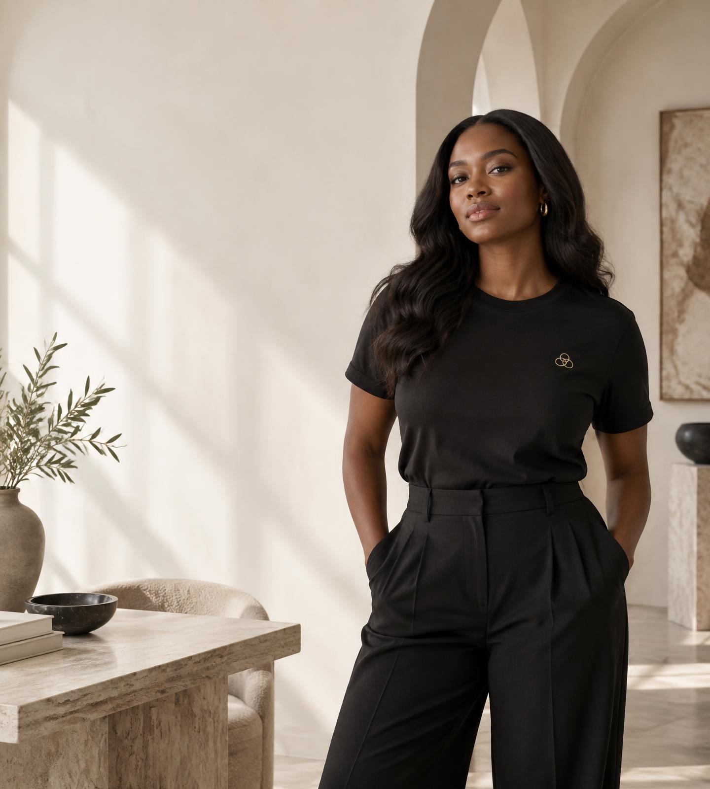 Small business founder wearing a refined black branded shirt